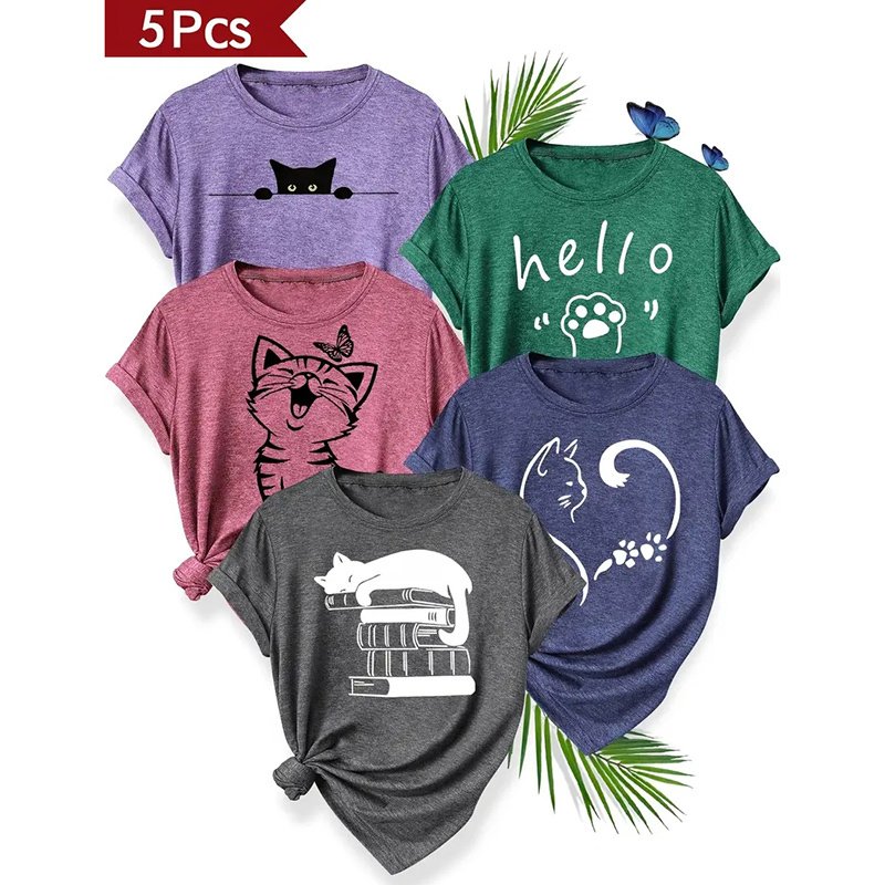 5 PCS Floral Graphic Shirt For Women Cute Flower Short Sleeve Ladies Tee Tops Teen Girls Casual T Shirt - Image 2