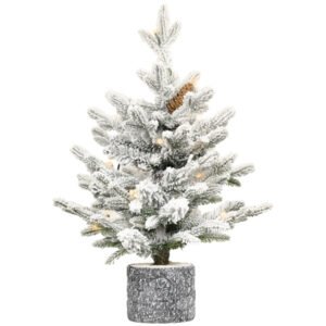 Artificial 2ft Decorated Flocking Basin Tree With 189 PE PVC Mixed Branch Tips, Pine Conex3, 30L Wram White Light, Holiday Decorating