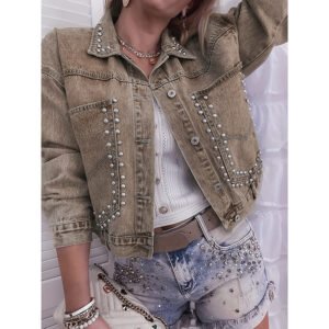 Women's Long Sleeve Rivet Studded Denim Jacket Casual Cropped Short Jean Coat