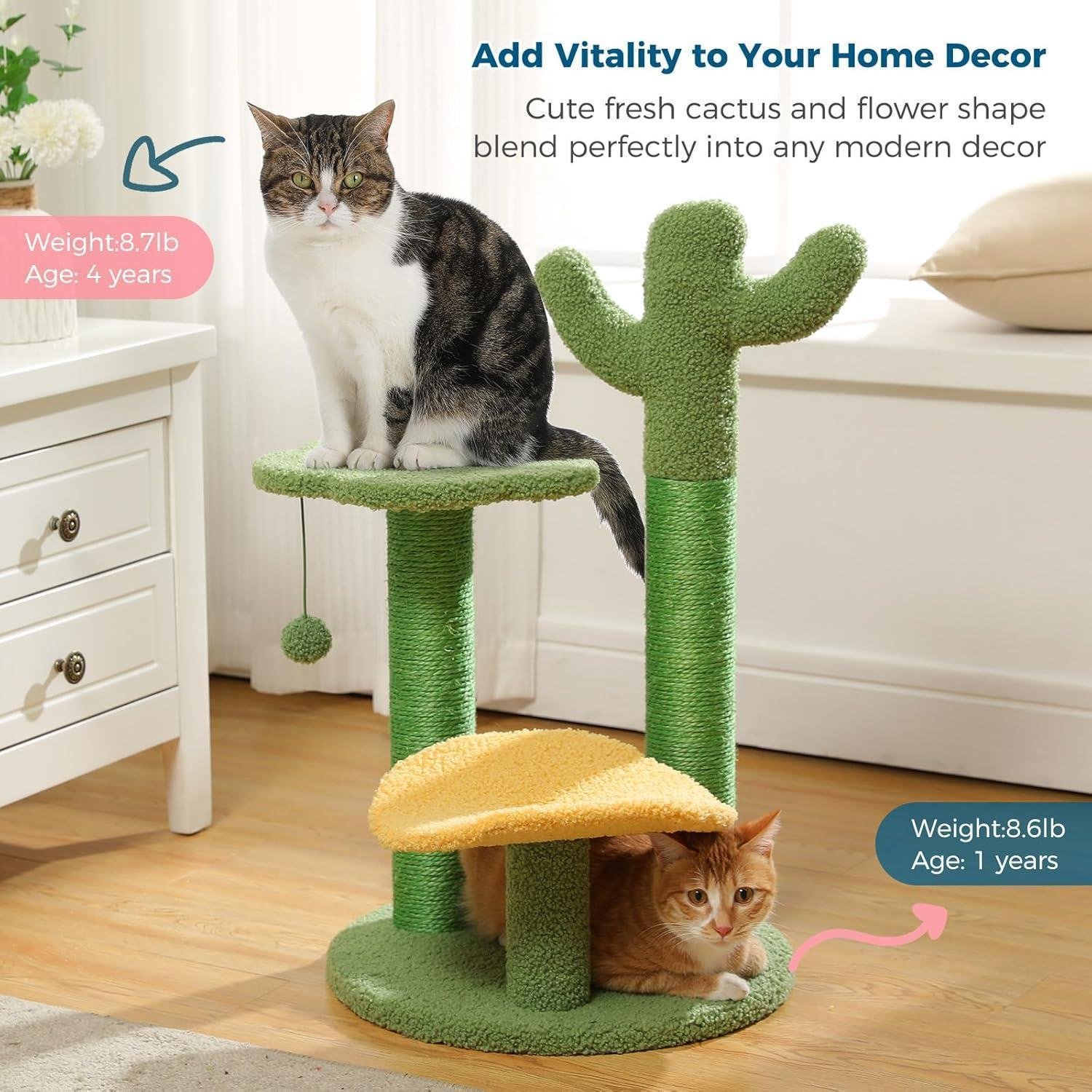 26 Inch Cactus Cat Tree With Bird's Eye View Flower Perch, Soft Cactus Top And Hanging Ball, Compact Vertical Structure For Indoor Cats - Image 4