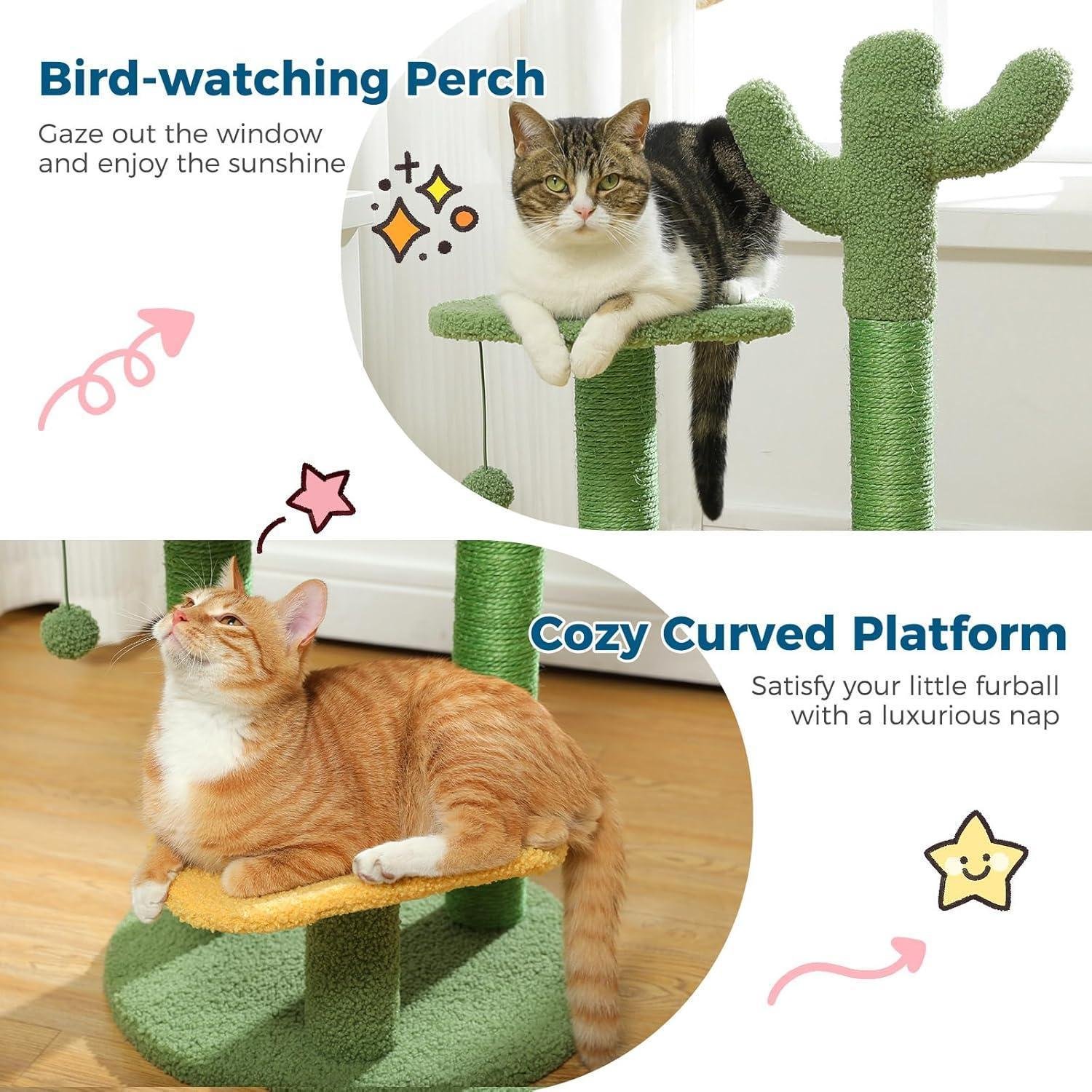 26 Inch Cactus Cat Tree With Bird's Eye View Flower Perch, Soft Cactus Top And Hanging Ball, Compact Vertical Structure For Indoor Cats - Image 8