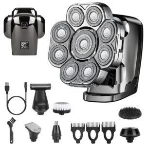 1Pc 6 In 1 9D Electric Head Shaver For Men Cordless Rechargeable Wet Dry Razor With LED Display Travel Lock Stall Protection Cleaning Reminder