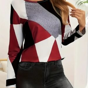 Autumn And Winter New Fashion Color-block Print Long Sleeve Crew Neck T-shirt