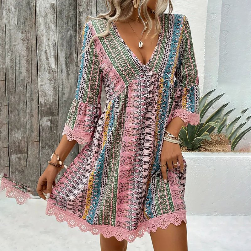 Women's V-Neck Print Dress - Lace Trim Summer Sundress, Casual Boho Chic Style - Image 7