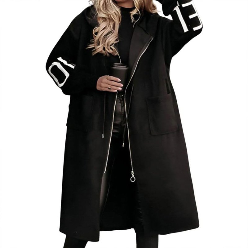 Women's Long Sleeve Letter Print Hooded Coat With Pockets - Zip Front Long Windbreaker For Spring&Fall - Image 5