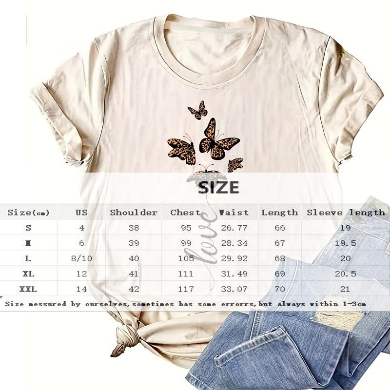 Women's Round Neck Short Sleeve Leopard Butterfly & 'LOVE' Print T-Shirt Casual Summer Top - Image 4