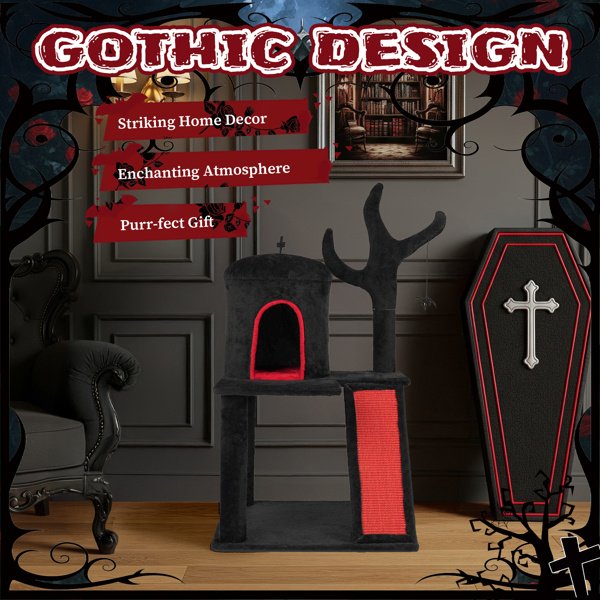 Gothic Cat Tree, Halloween Cat Tower Cat Tree With Spacious Cat Condo, Brach Shaped Scratching Post, Scratching Ladder, Spider Toy For Indoor Cats, Red & Black - Image 5