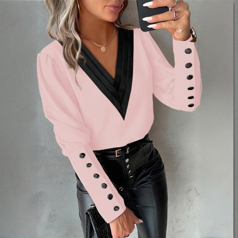 Women's V-Neck Contrast Trim Long Sleeve Blouse With Button Cuff Detail - Casual Comfort Top For Spring&Fall - Image 5