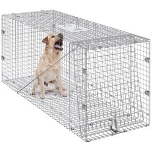 Live Animal Cage Trap, 42" X 16" X 18" Humane Cat Trap Galvanized Iron, Folding Animal Trap With Handle For Stray Dogs, Armadillos, Raccoons, Marmots, Foxes