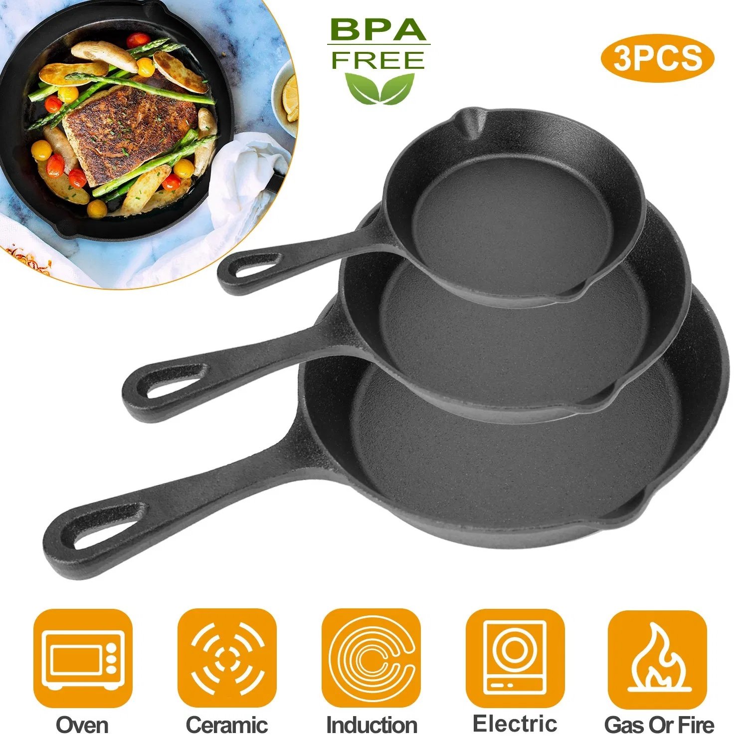3Pcs Pre-Seasoned Cast Iron Skillet Set 6 8 10in Non-Stick Oven Safe Cookware Heat-Resistant Frying Pan - Image 9