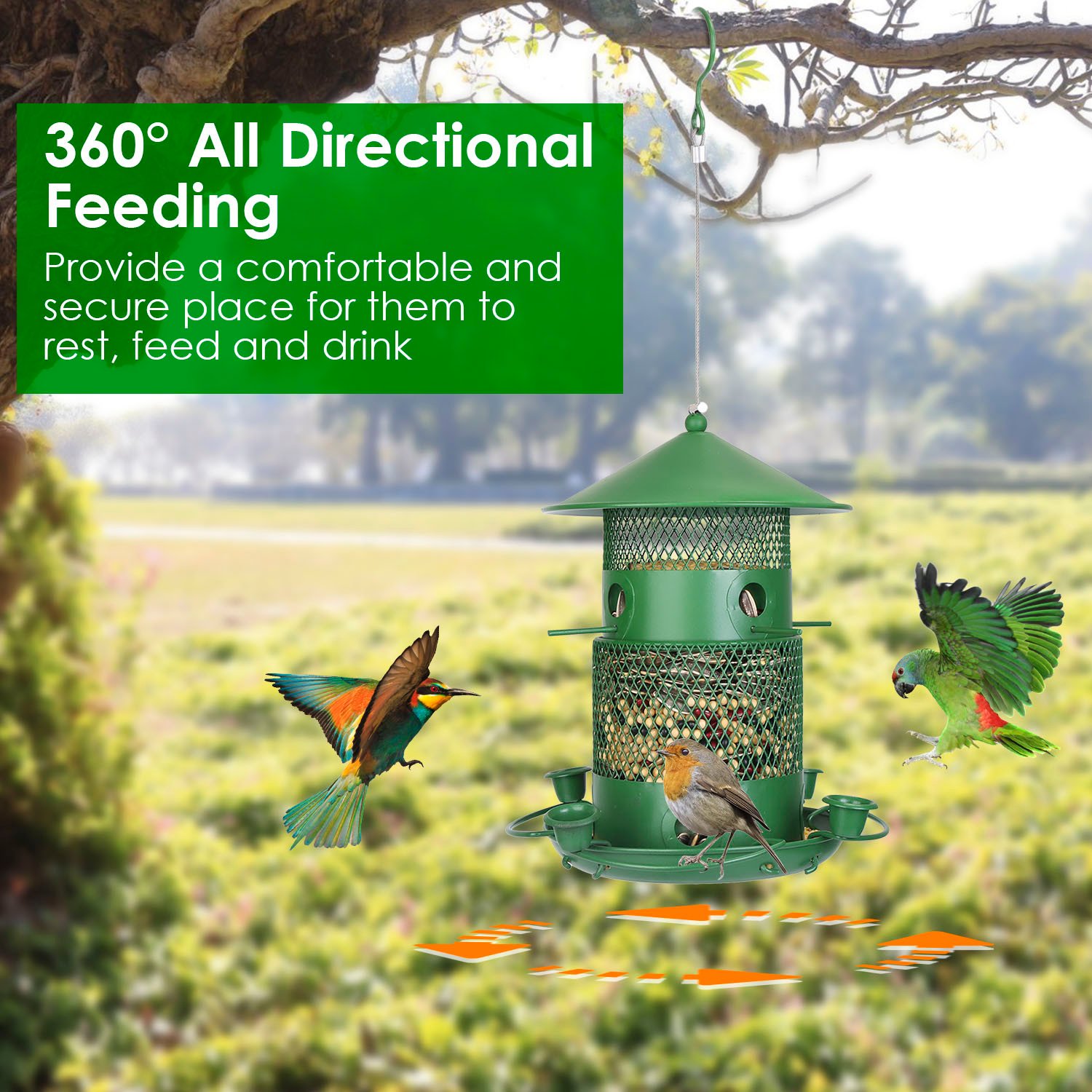 1Pc Wild Bird Feeder Squirrel-Proof Chew-Proof Metal Bird Seed Feeder Outdoor Hanging Bird Feeder With 360 Degree Circular Perches Water Cups For Yard Garden Patio - Image 3