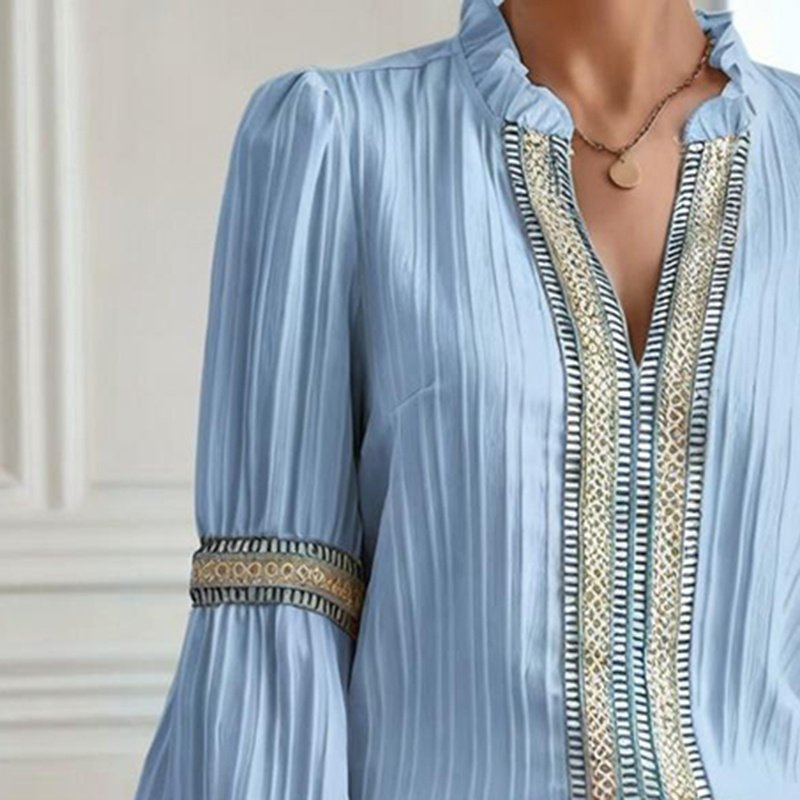 Boho Chic Colorblock Top, Women's Patchwork Blouse With V Neck And Lantern Sleeves - Image 2