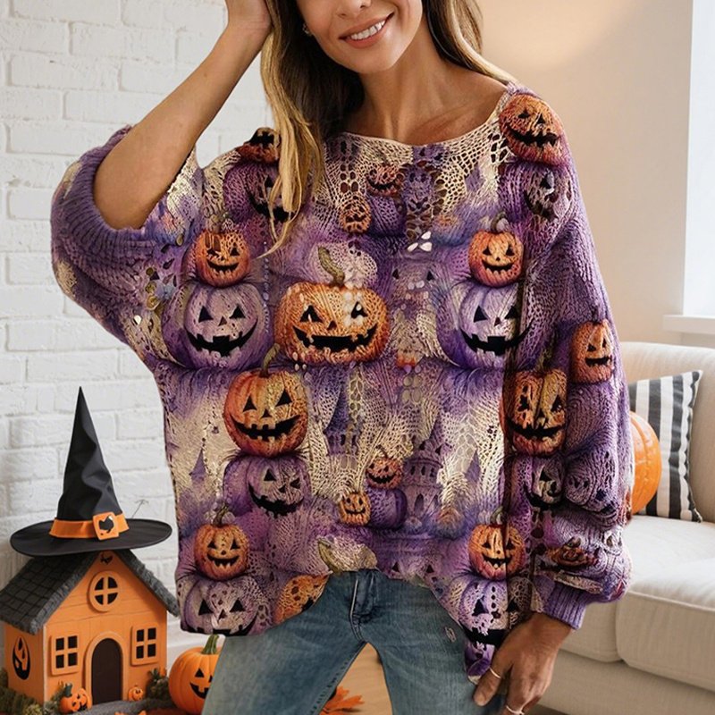Women's Diamond Hollow Out Batwing Sleeve Top - Loose Fit Pumpkin Halloween Print Blouse For Spring Summer - Image 6