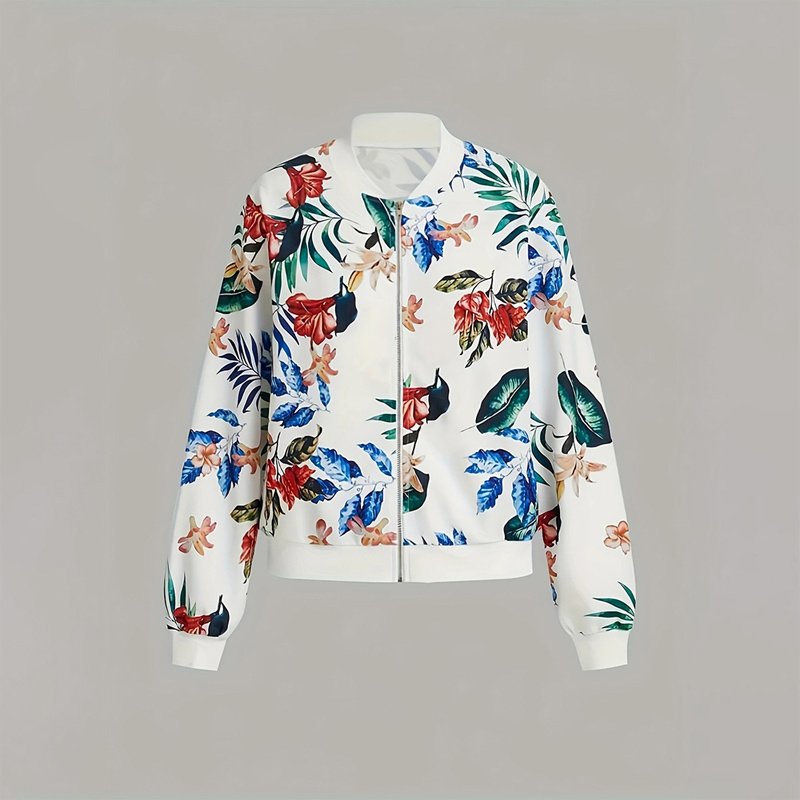Women's Zip-Up Jacket With All-Over Botanical Print, Round Neck Long Sleeve Casual & Formal Wear For Spring&Fall - Image 6