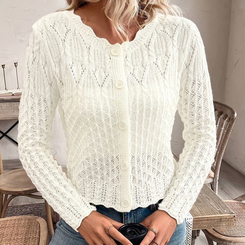 Women's Solid Color Elegant Round Neck Cardigan Top - Button Front Openwork Knit Top For Spring&Summer - Image 4