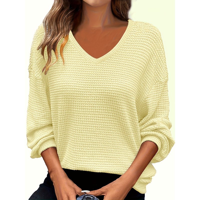 Plus Size Women's Casual V-Neck Pineapple Texture Knit Top Solid Color Long Sleeve Breathable Pullover For Spring Fall - Image 2