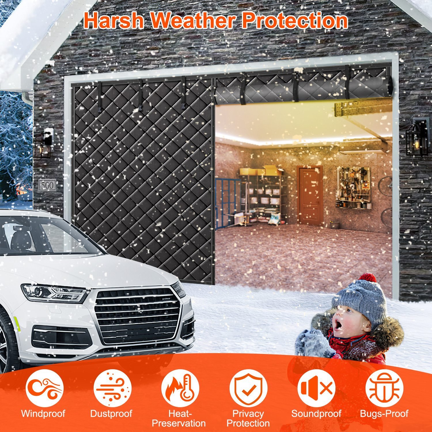 1Pc 16x7FT Magnetic Thermal Insulated Garage Door Curtain For Winter Two Car Garage Screen With Magnetic Closure 8 Roll Up Buckle Straps For Two Cars Weatherproof Windproof Soundproof - Image 7
