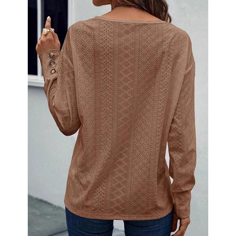 Womens Long Sleeve Eyelet Tops V Neck Fall Shirts Casual Loose Blouses Trendy Clothes - Image 6
