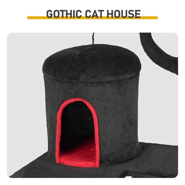 Gothic Cat Tree, Halloween Cat Tower Cat Tree With Spacious Cat Condo, Brach Shaped Scratching Post, Scratching Ladder, Spider Toy For Indoor Cats, Red & Black - Image 3