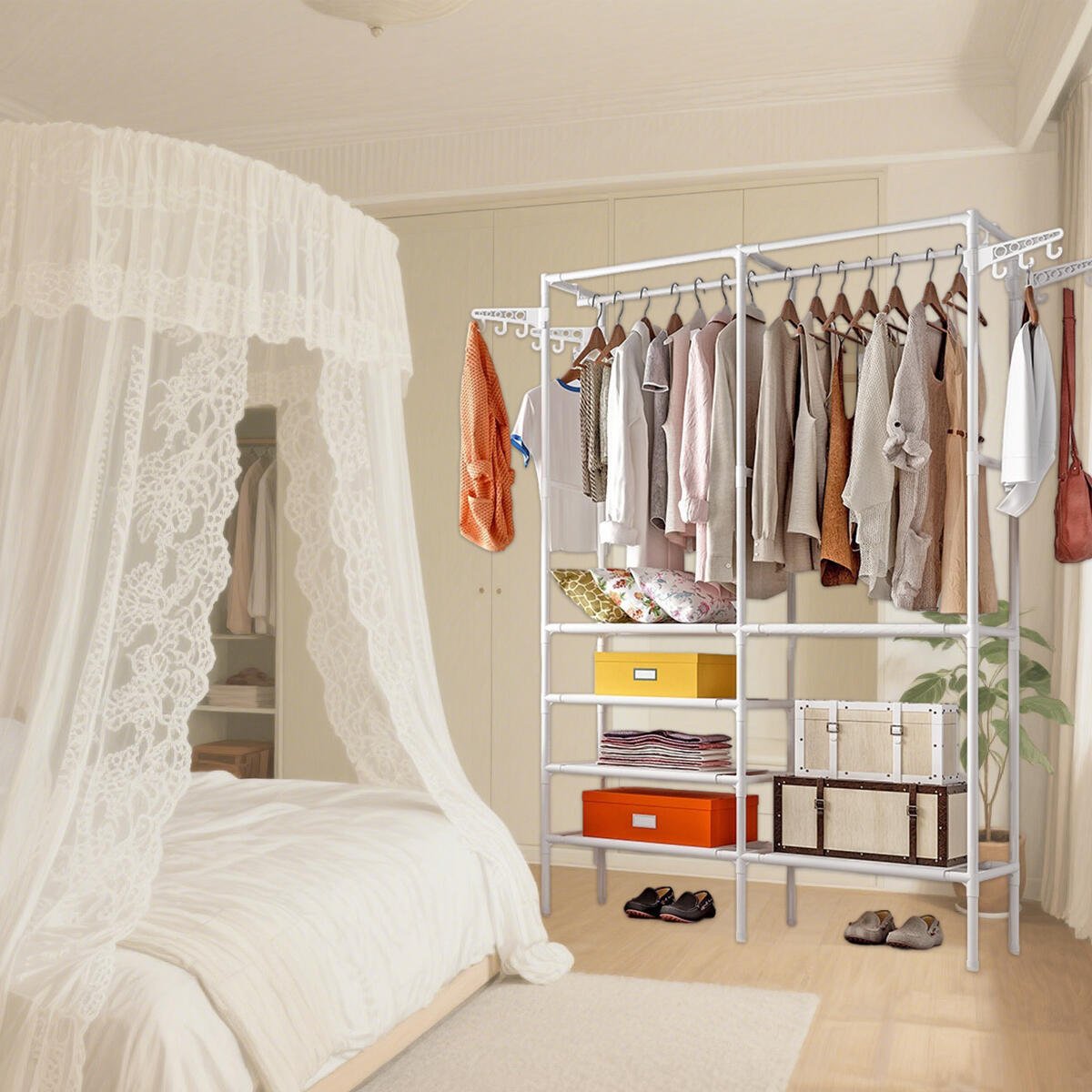 Heavy Duty Clothes Rack Double Rods Clothing Racks For Hanging Clothes White Black Multi-functional Garment Racks With 4 Tiers Closet Shelves And Rotatable - Image 6