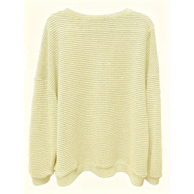 Plus Size Women's Casual V-Neck Pineapple Texture Knit Top Solid Color Long Sleeve Breathable Pullover For Spring Fall - Image 7