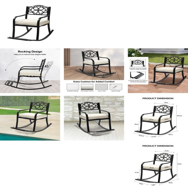 Metal Rocking Chair, Outdoor Rocking Bench With Cushion, Patio Rocker With Footrest, Weatherproof Rocking Chair For Outside, Patio, Garden, Flower Backrest - Image 3