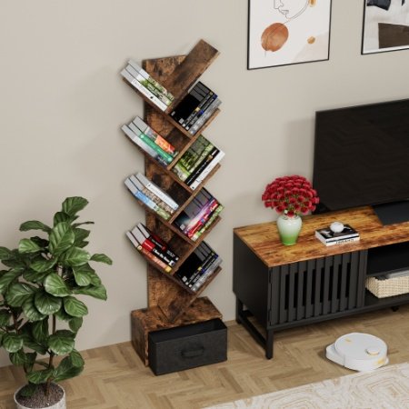 9 Tier Tree Bookshelf With Drawer Bookcase, Modern Book Storage, Free Standing Tree Bookcase, Utility Organizer Shelves For Home Office, Living Room, Bedroom, Rustic Brown - Image 9