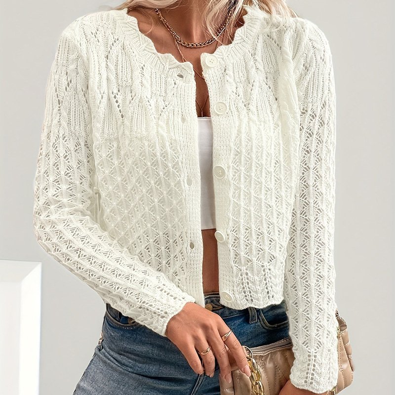 Women's Solid Color Elegant Round Neck Cardigan Top - Button Front Openwork Knit Top For Spring&Summer