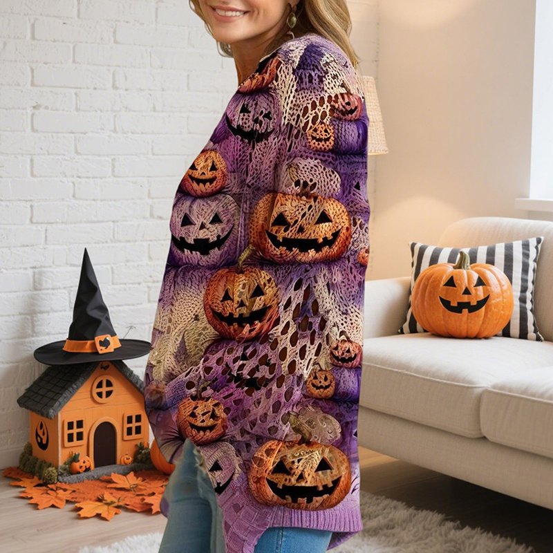 Women's Diamond Hollow Out Batwing Sleeve Top - Loose Fit Pumpkin Halloween Print Blouse For Spring Summer - Image 7