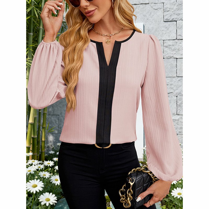 Women's Color Block Blouse, V-Neck Long Sleeve Work Shirt, Dressy Casual Business Tops For Fall - Image 4