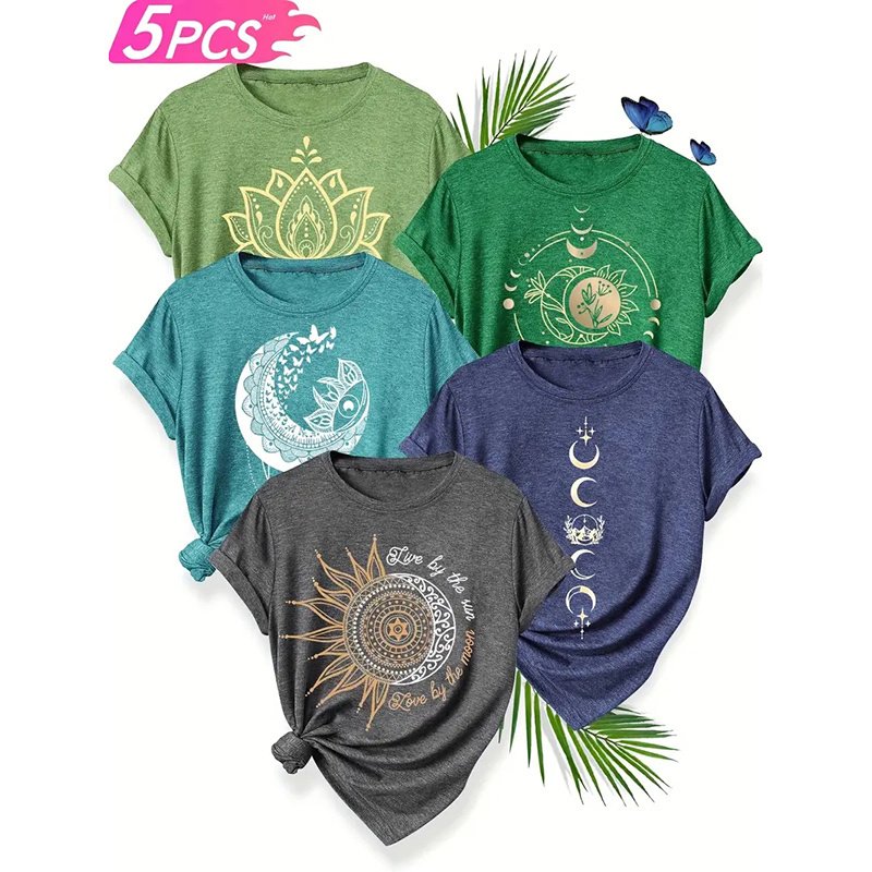 5 PCS Floral Graphic Shirt For Women Cute Flower Short Sleeve Ladies Tee Tops Teen Girls Casual T Shirt - Image 3