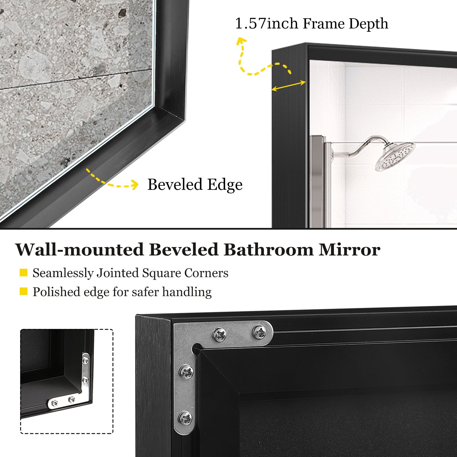 40x30 Inch Glossy Black Bathroom Mirror Wall Rectangular Vanity Mirror - Image 4