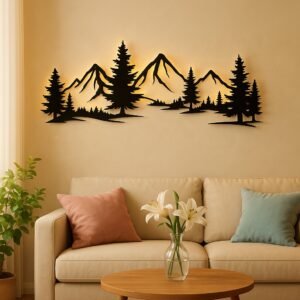 Rustic Metallic Wall Art,Evergreen Forest Mountain Design,Great For Child's Room