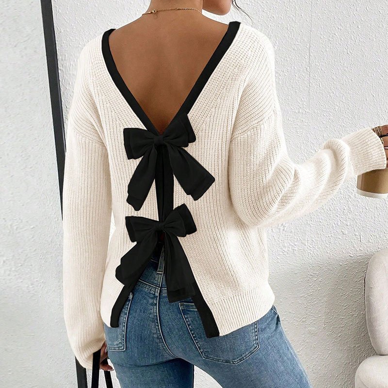 Women's Bow Sweater Long Sleeve Top, Open Back Crew Neck Split Pullover, Fall Trendy Going Out Sweater - Image 6