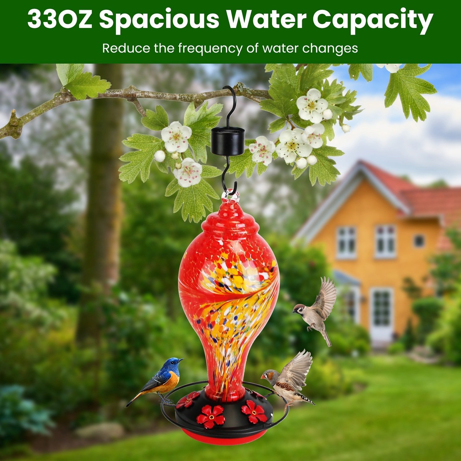 1Pc Glass Hummingbird Feeder 33OZ Hand Blown Hummingbird Feeder With 5 Flower Feeding Port Perch Ant Moat Hanging Hook S Hook Hemp Rope Cleaning Brush For Garden Decor - Image 5