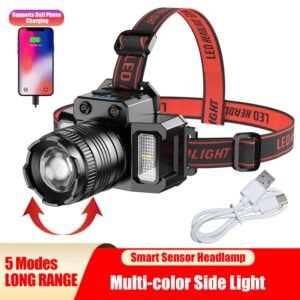 LED Tactical Headlamp Head Torch USB Rechargeable Motion Sensor Headlight Zoomable 5 Modes Emergency Power Bank For Mobile Phone