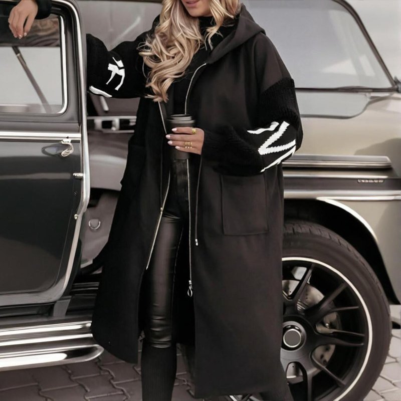 Women's Long Sleeve Letter Print Hooded Coat With Pockets - Zip Front Long Windbreaker For Spring&Fall - Image 3