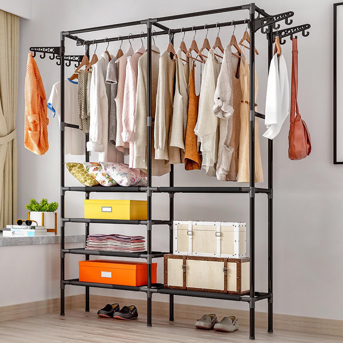 Heavy Duty Clothes Rack Double Rods Clothing Racks For Hanging Clothes White Black Multi-functional Garment Racks With 4 Tiers Closet Shelves And Rotatable - Image 2