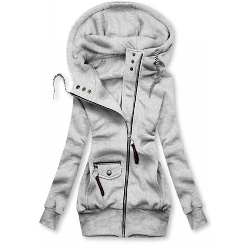 Women's Solid Color Long Sleeve Zip-Front Drawstring Hooded Jacket With Pockets Slim Fit Pleated Detail Top For Spring&Fall - Image 7