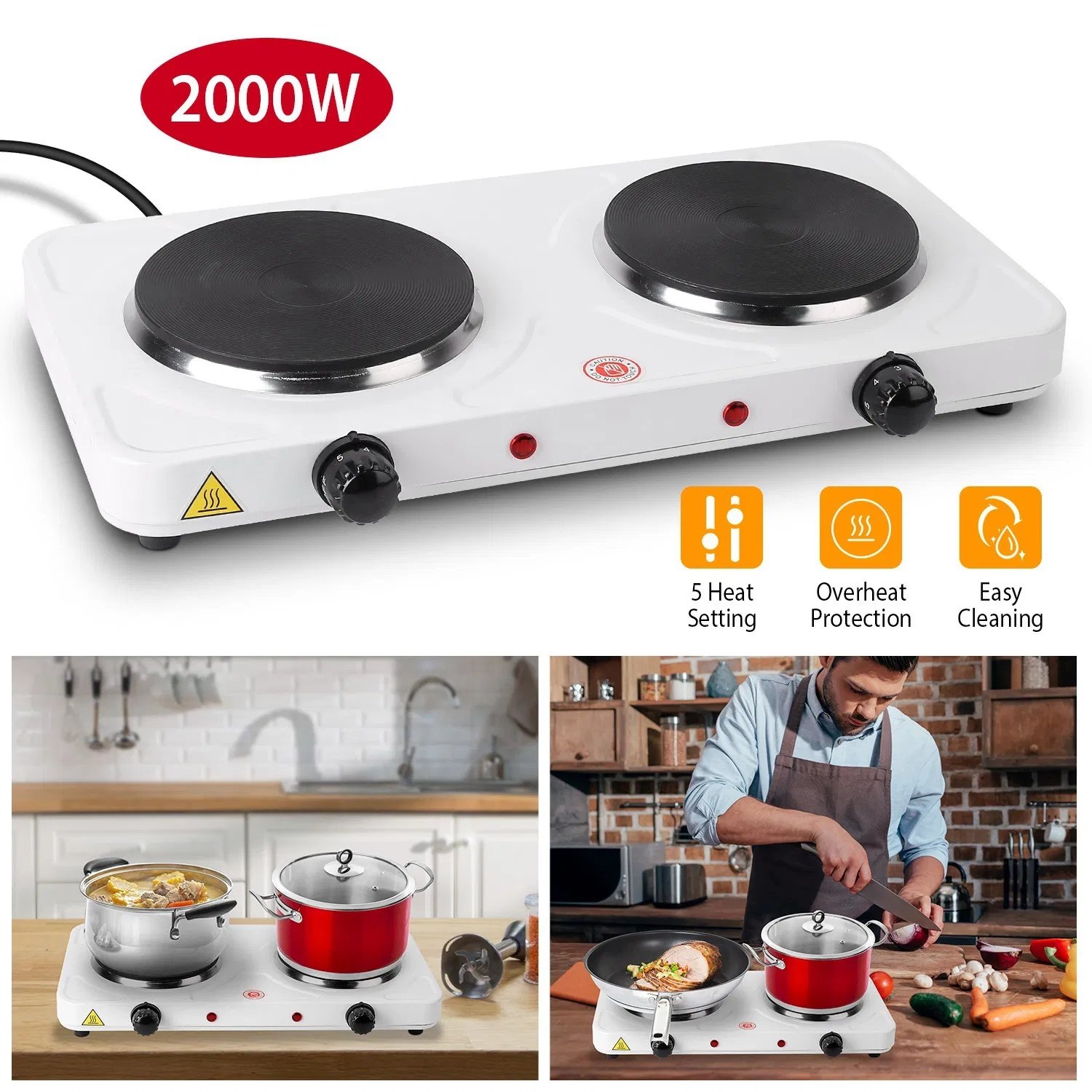 2000W Double Electric Burner Portable Dual Counter Stove Countertop Hot Plate Kitchen Cooker Stove With 5 Gear Temperature Control - Image 2