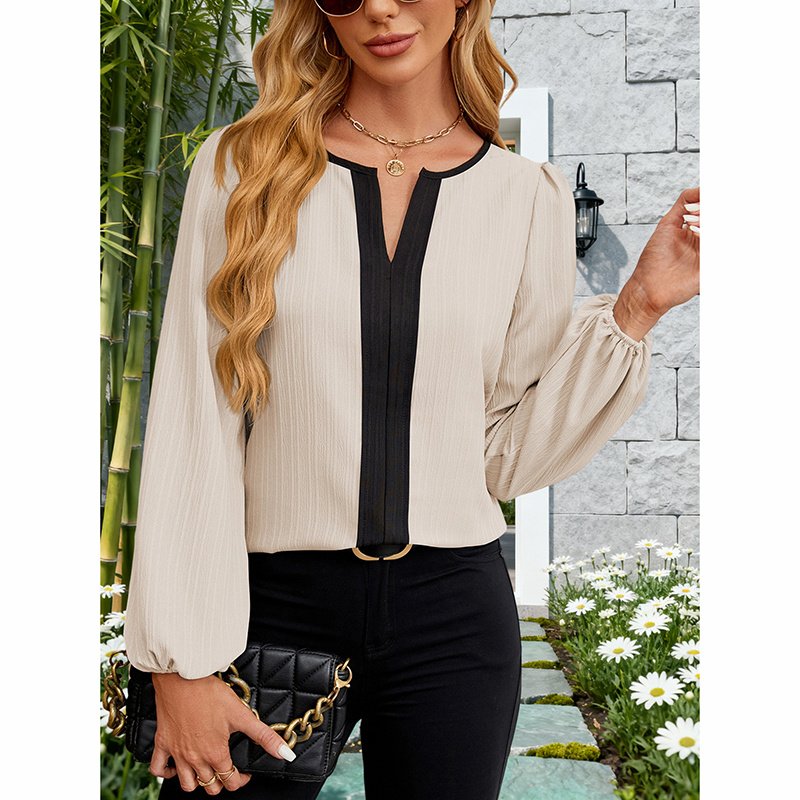 Women's Color Block Blouse, V-Neck Long Sleeve Work Shirt, Dressy Casual Business Tops For Fall - Image 9