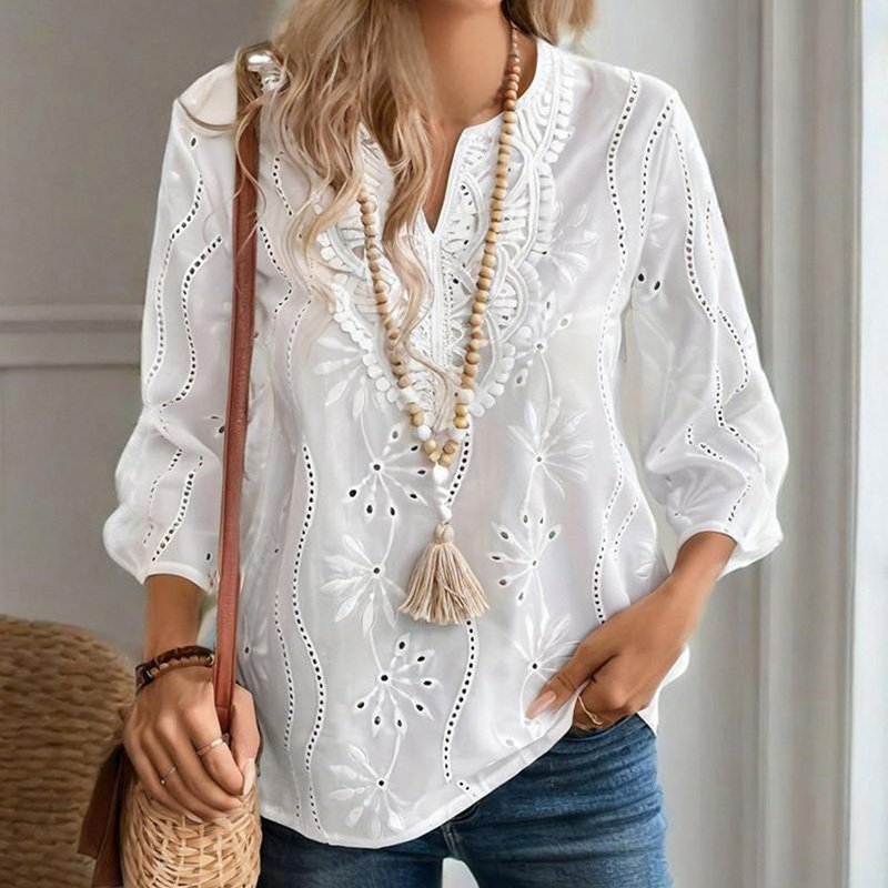 Elegant Women's V-Neck Long Sleeve Blouse - Embroidered Mesh & Flared Lace Sleeve Chiffon Top For Spring&Summer