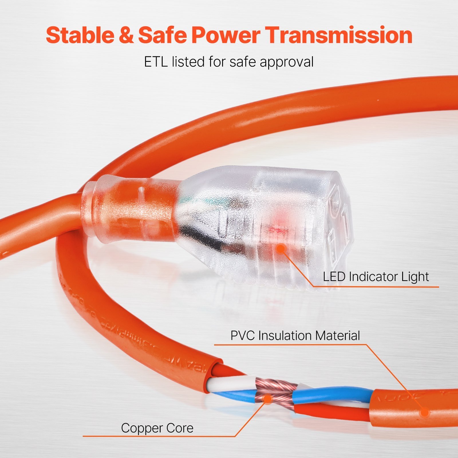 100FT Heavy Duty Extension Cord 16AWG 10A 1250W 3 Prongs With Lighted End - Image 4