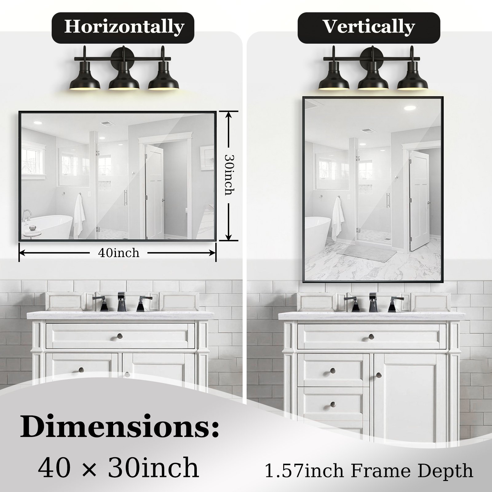40x30 Inch Glossy Black Bathroom Mirror Wall Rectangular Vanity Mirror - Image 6