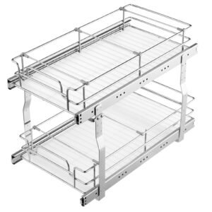 2-Tier 12"Wx21"Dx15"H Wire Pull Out Cabinet Under Sink Organizer Drawer Basket, 13.5"Wx22"Dx18"H Install Size For Cabinet