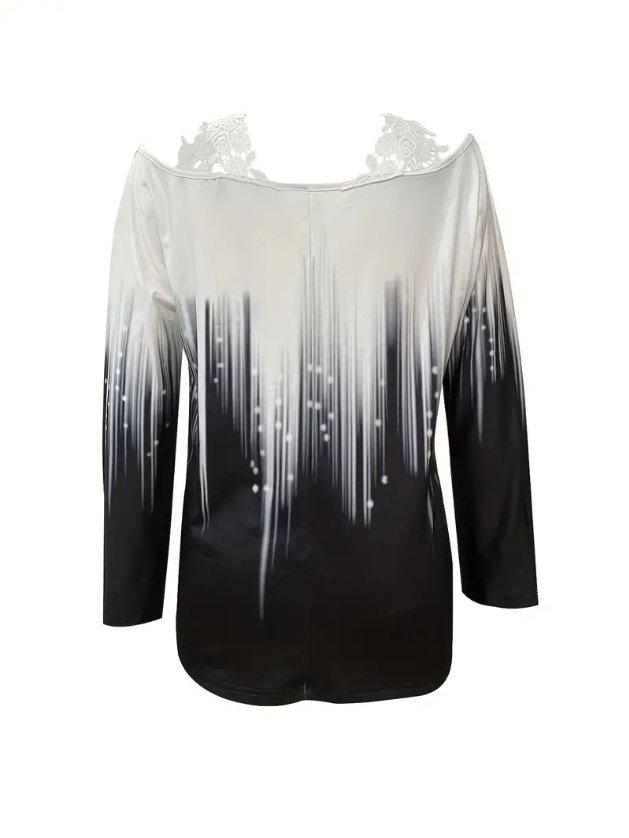 Spring And Autumn New Style Casual Gradient Color Printed Lace Edge Off-shoulder Long Sleeve Top - Image 3