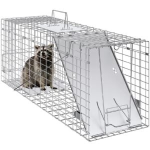 Live Animal Cage Trap, 31" X 10" X 12" Humane Cat Trap Galvanized Iron, Folding Animal Trap With Handle For Rabbits, Stray Cats, Squirrels, Raccoons, Groundhogs And Opossums