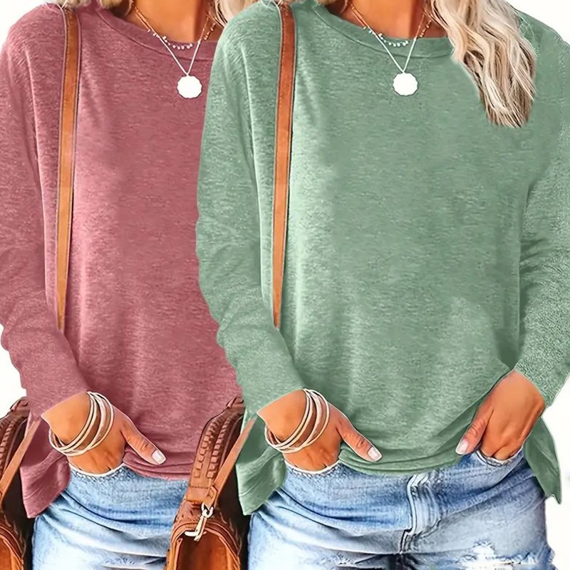 Basic Solid Color Women's Two-Piece Outfit Round Neck Long Sleeve Casual Tops For Spring & Fall - Image 5