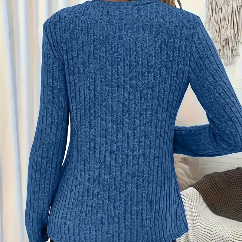 Womens Long Sleeves Ribbed Knit Tunic Shirts V Neck Button Down Tops Casual Tee Shirt Blouses - Image 4