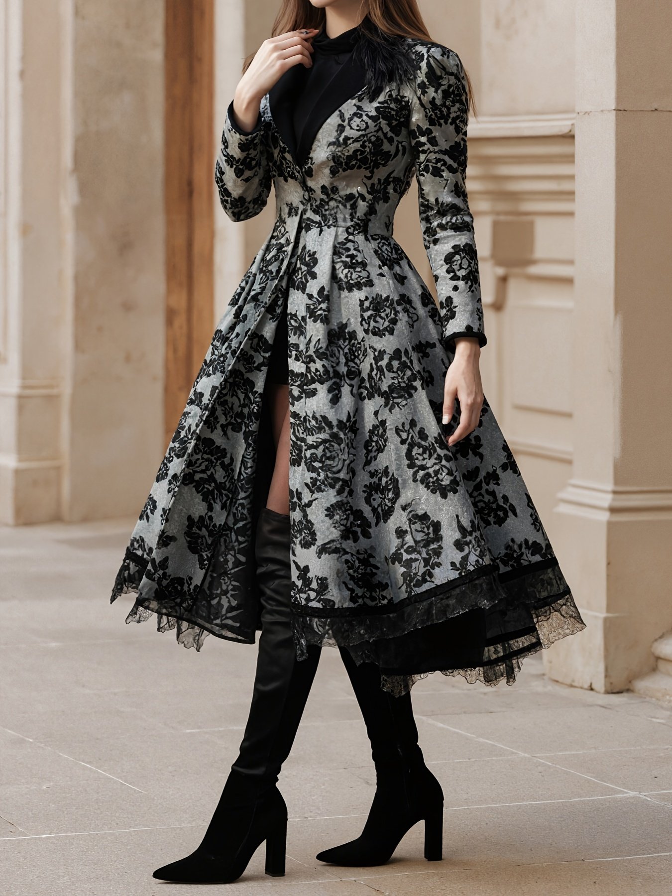 2025 New Women's Evening Dress, Lace Decoration, Collar, Flower Print Press, Long Sleeve, Dance Dress - Image 3